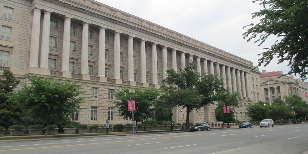 IRS building facade with white stone columns and arched roof in Washington D.C.